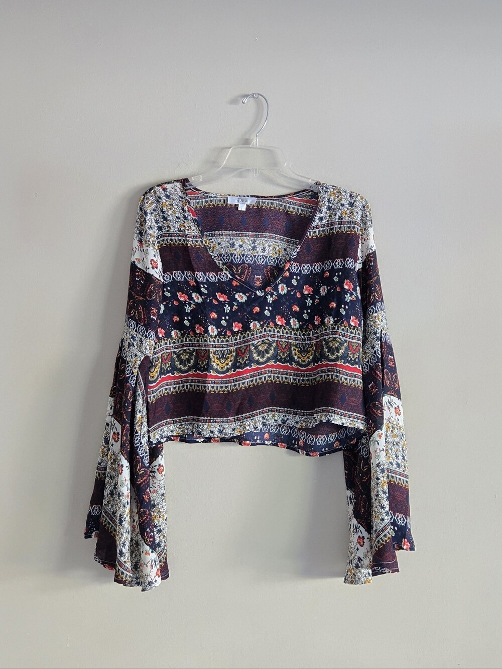 Diva Boho 70s Style Cropped Longsleeve Bell Sleeves Top Size Large
